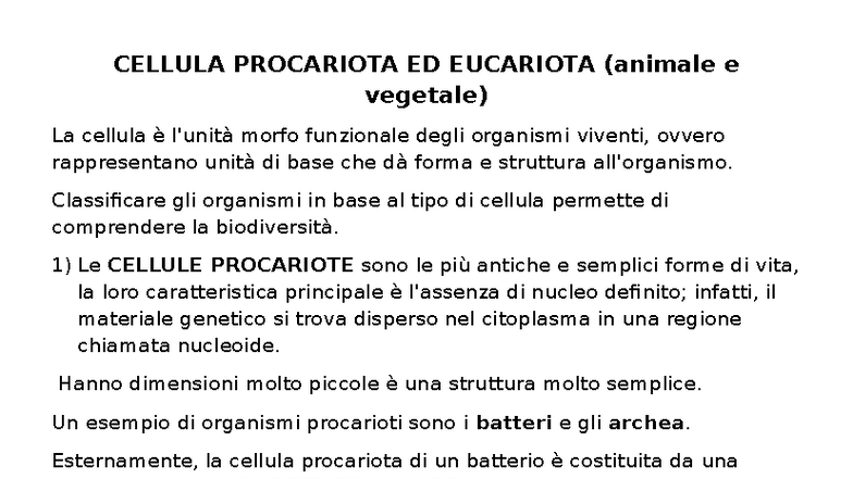 CELLULE PROCARIOTE ED EUCARIOTE: STRUTTURE E FUNZIONI - Studocu