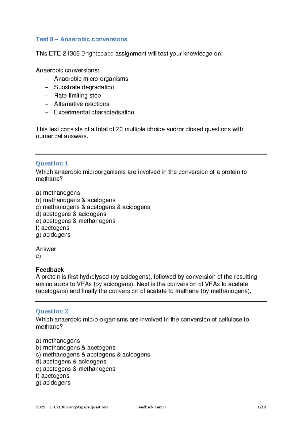 Test 8: Anaerobic Conversions in Water Treatment (ETE21306) - Studeersnel