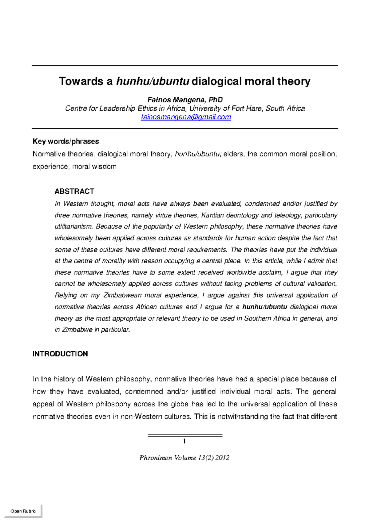Reassessing Normative Ethics: A Hunhu/Ubuntu Moral Theory in ZIM - Studocu