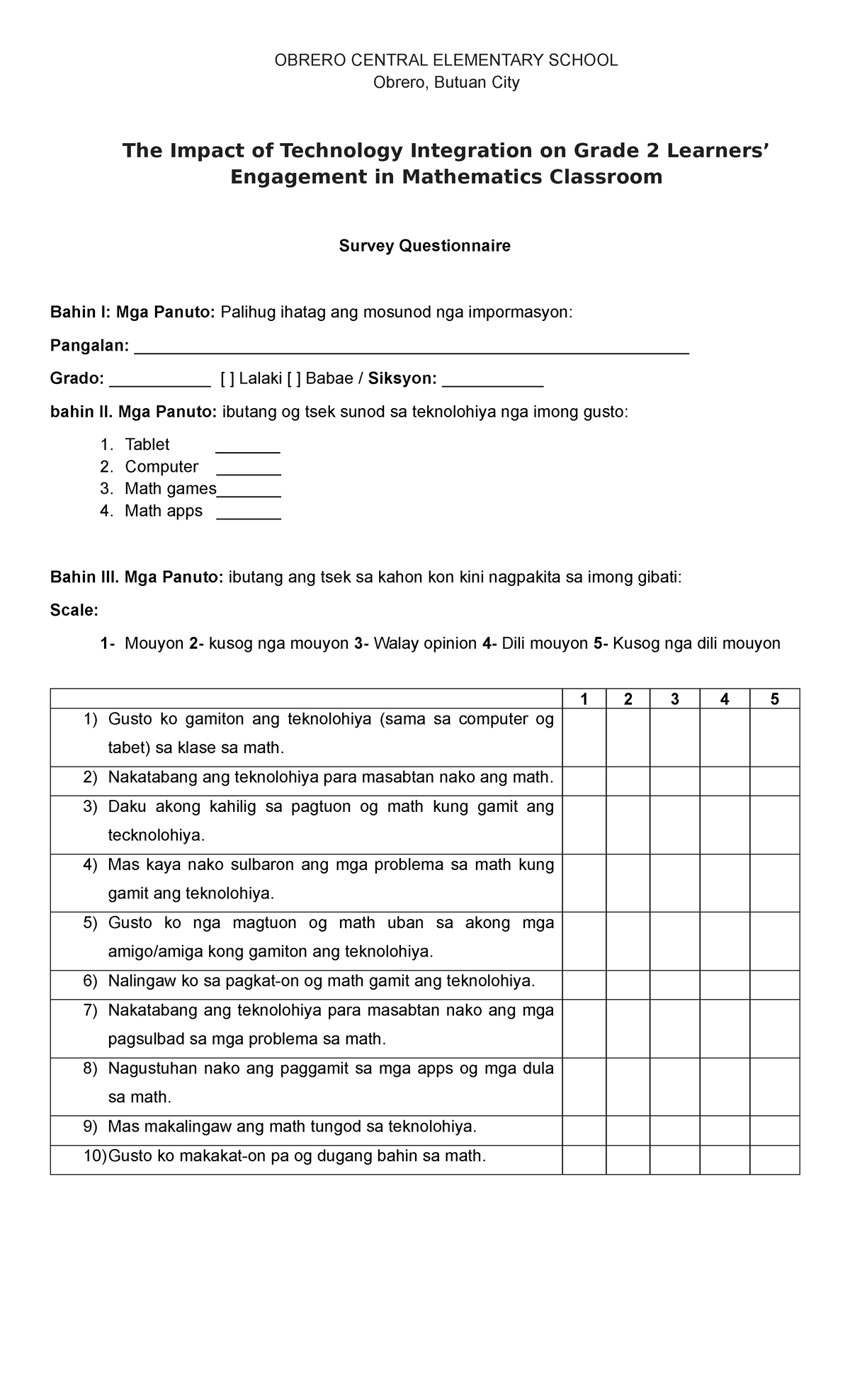 Impact of Tech Integration on Grade 2 Math Engagement Survey - Studocu