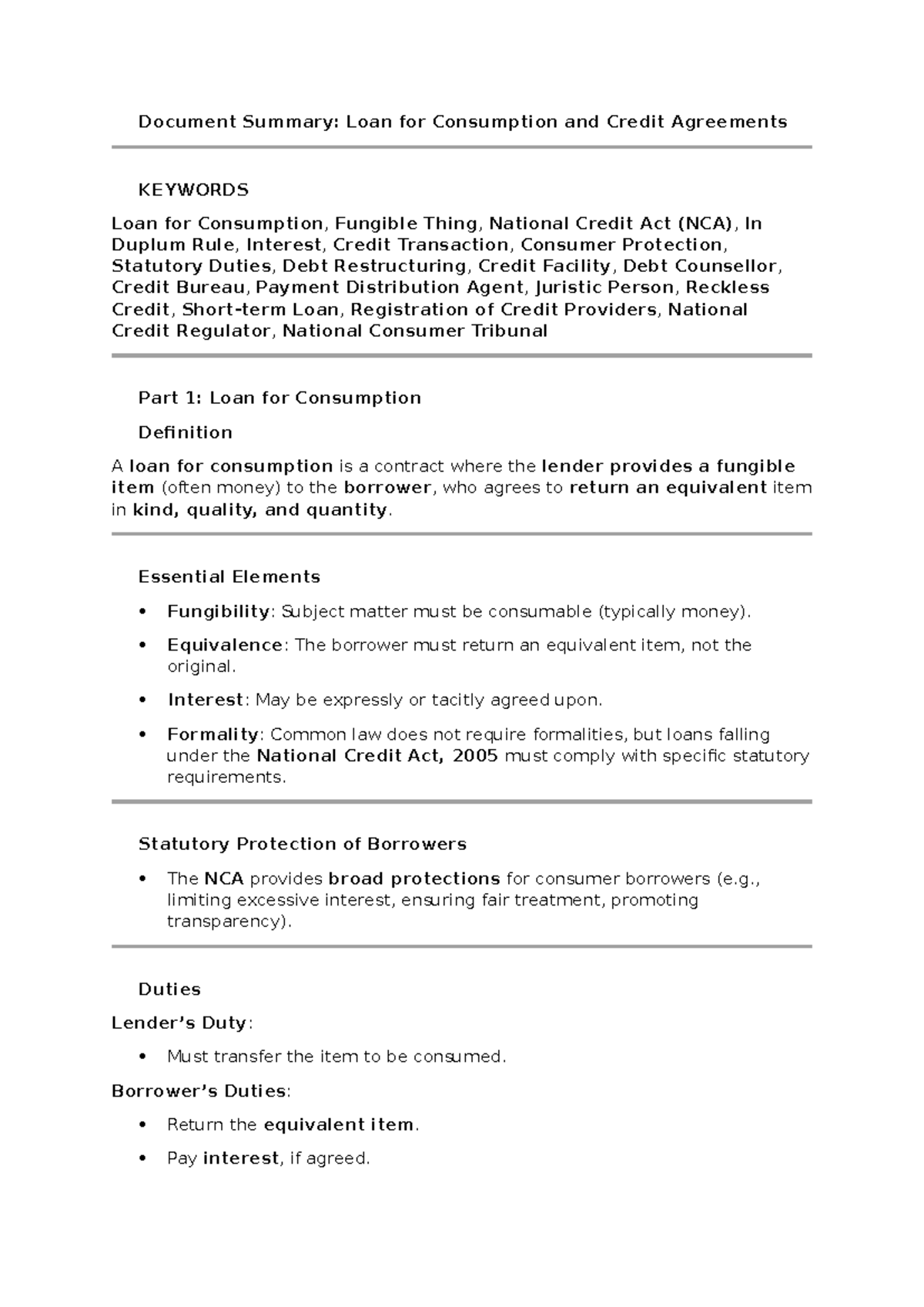 Document Summary: Loan for Consumption & Credit Agreements (Study Theme ...