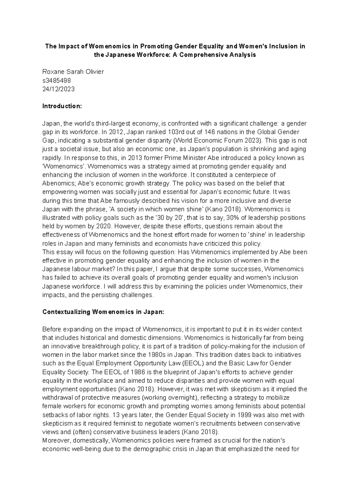 Womenomics and Gender Equality in Japan: Analyzing Its Impact (EAST 101 ...