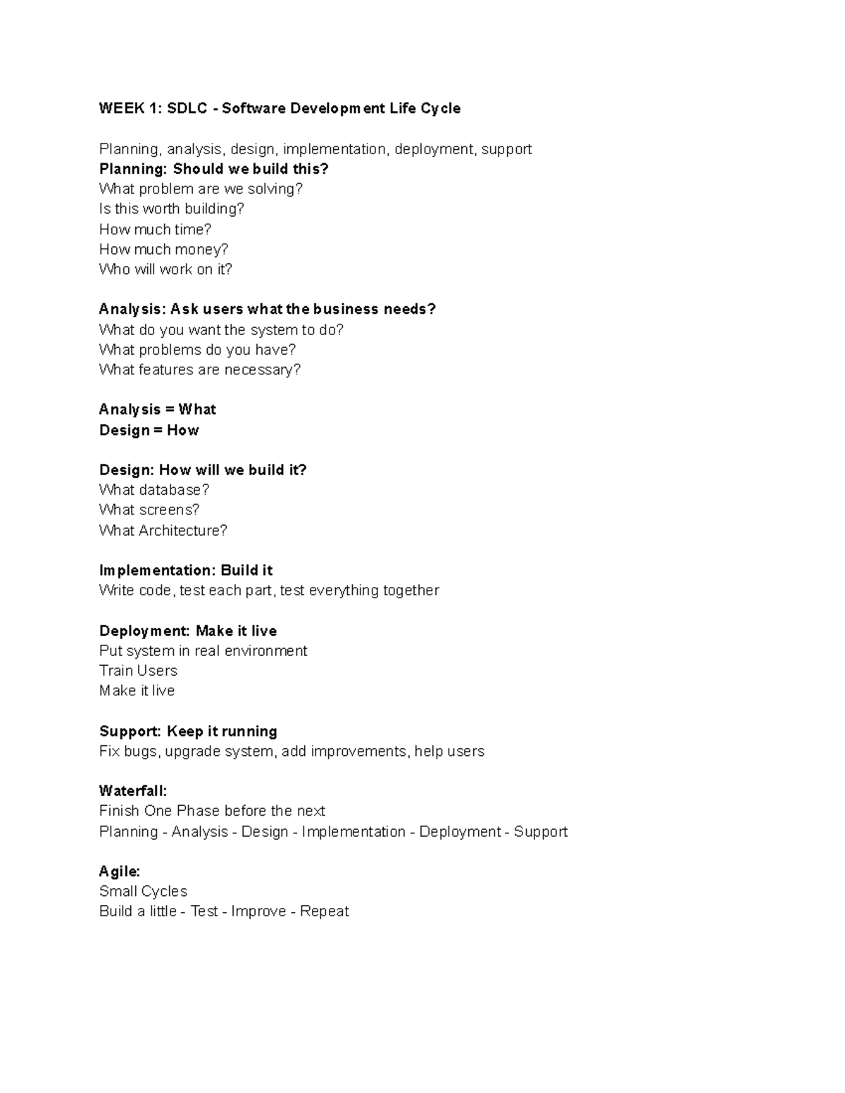 ITM 305 Week 1 & 2: SDLC Overview & Practice Questions - Studocu