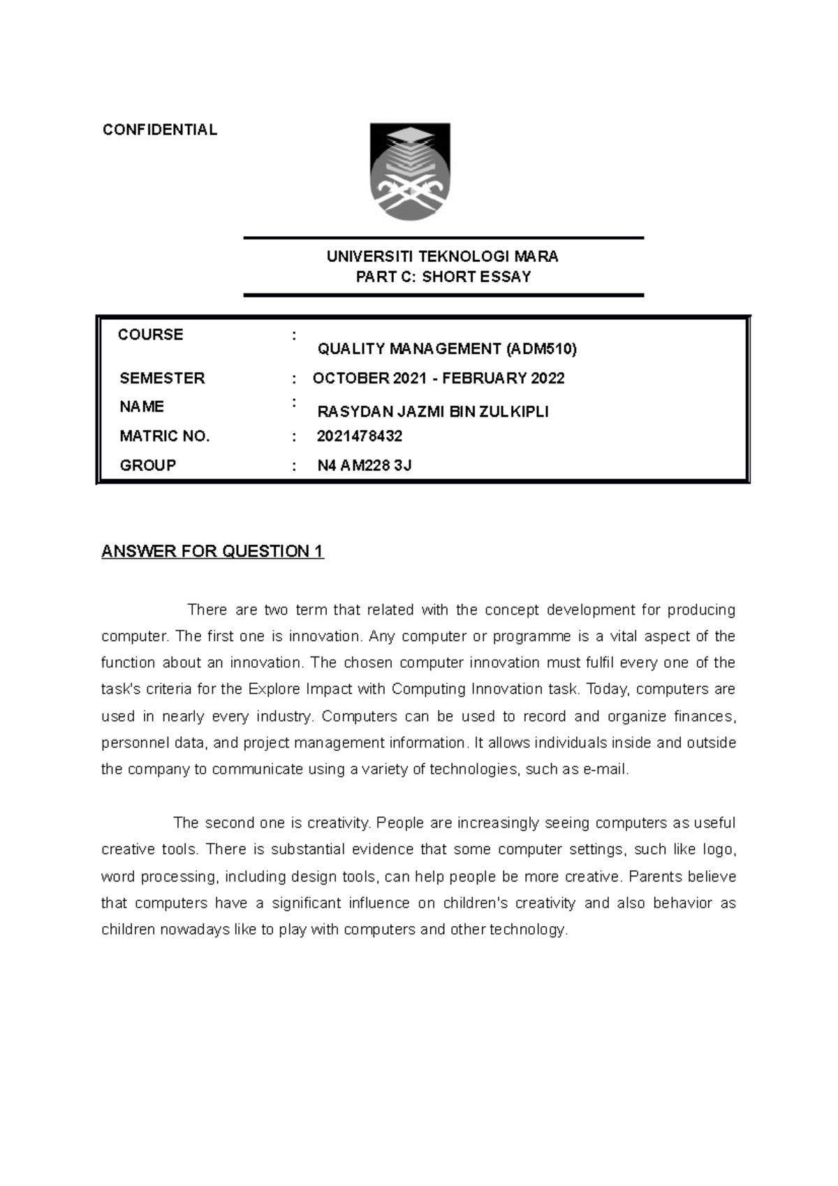 Template Final Test ADM 510 - Part C Short Essay - CONFIDENTIAL ...