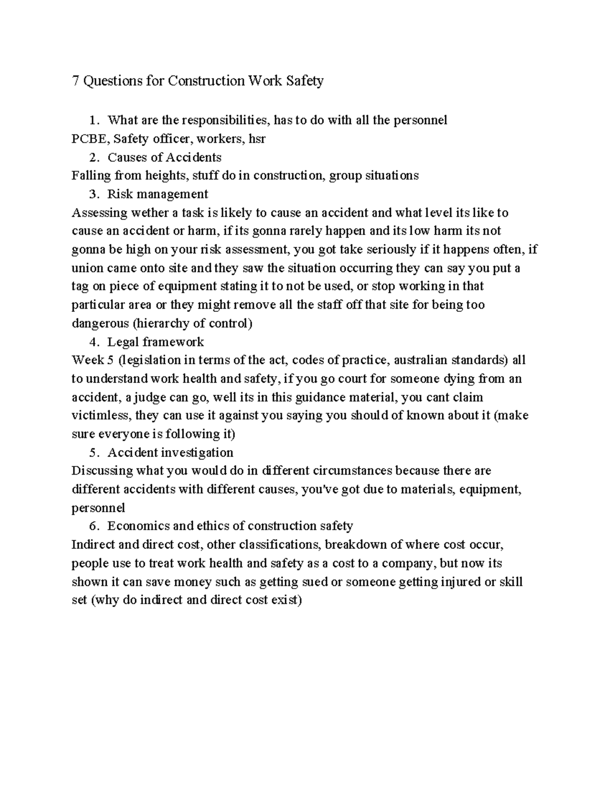 Questions for Construction Work Safety - What are the responsibilities ...