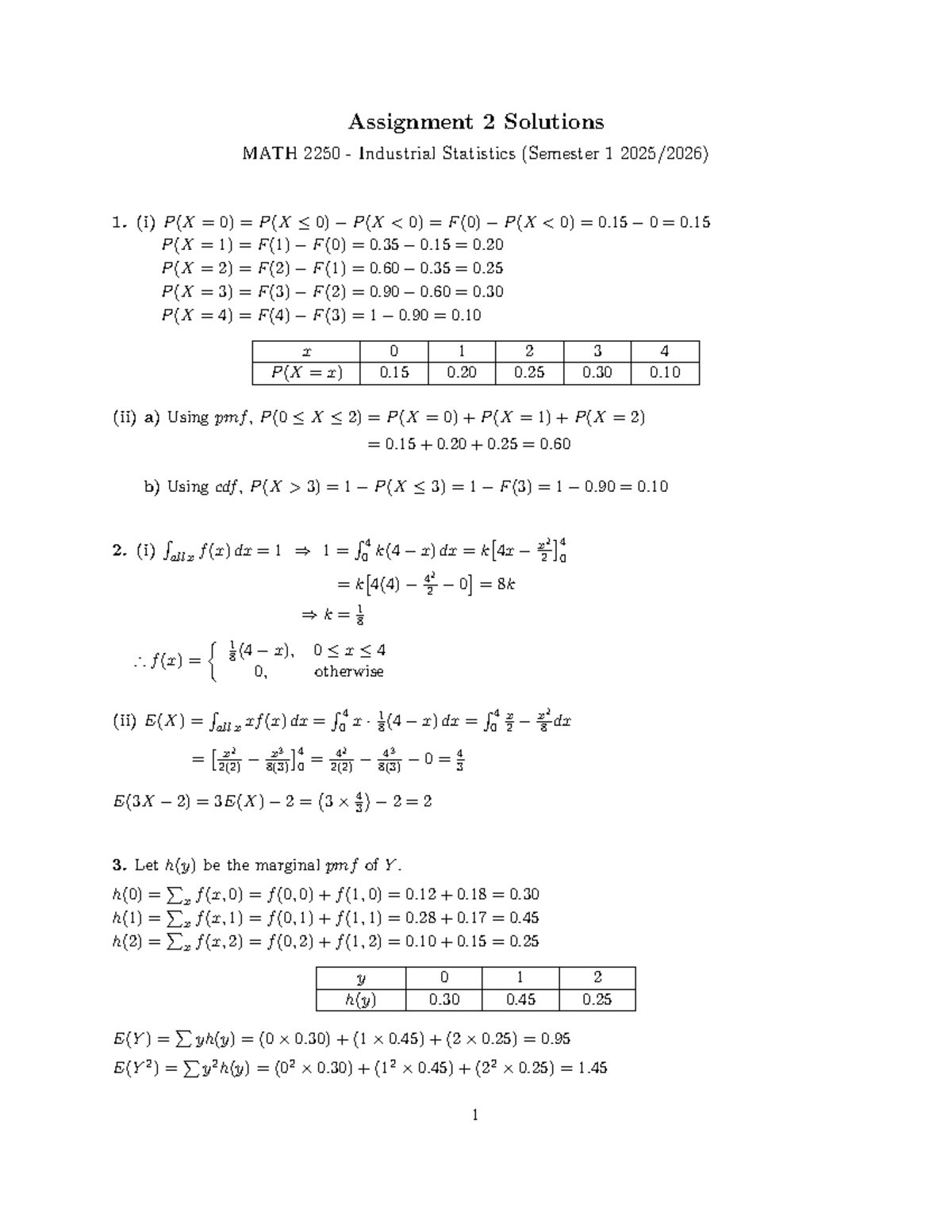 Assignment 2 Solutions MATH 2250 Industrial Statistics - Studocu