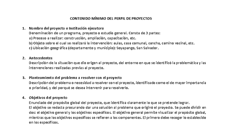 Contenido Mínimo para el Perfil de Proyectos: Guía Completa - Studocu