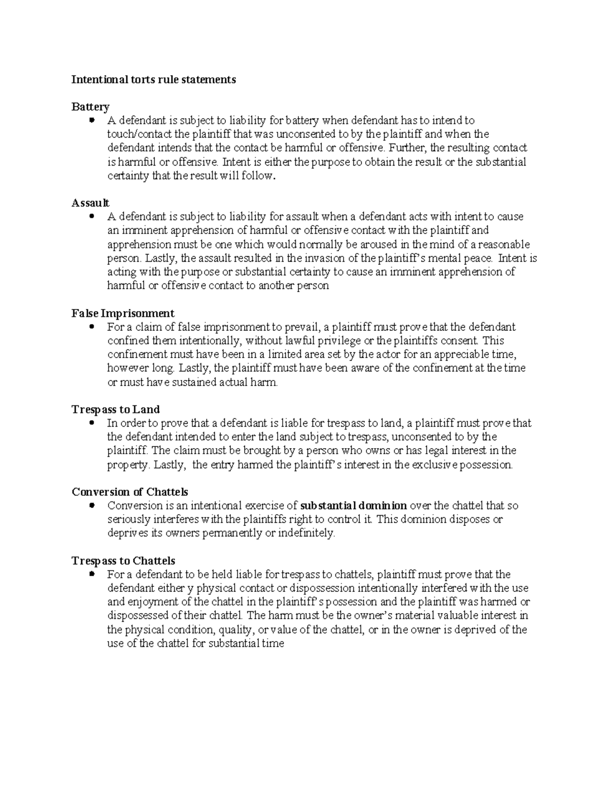Intentional Torts Rule Statements Overview for Law Course 101 - Studocu