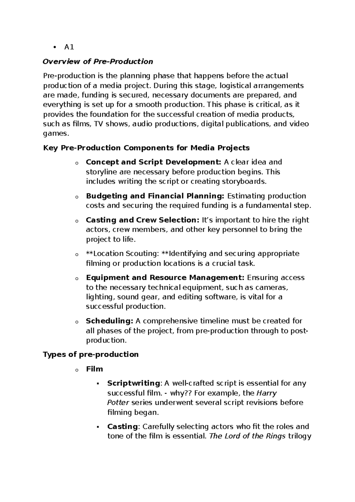 Unit 4 A1: Overview of Media Project Planning Phase and Key Components ...