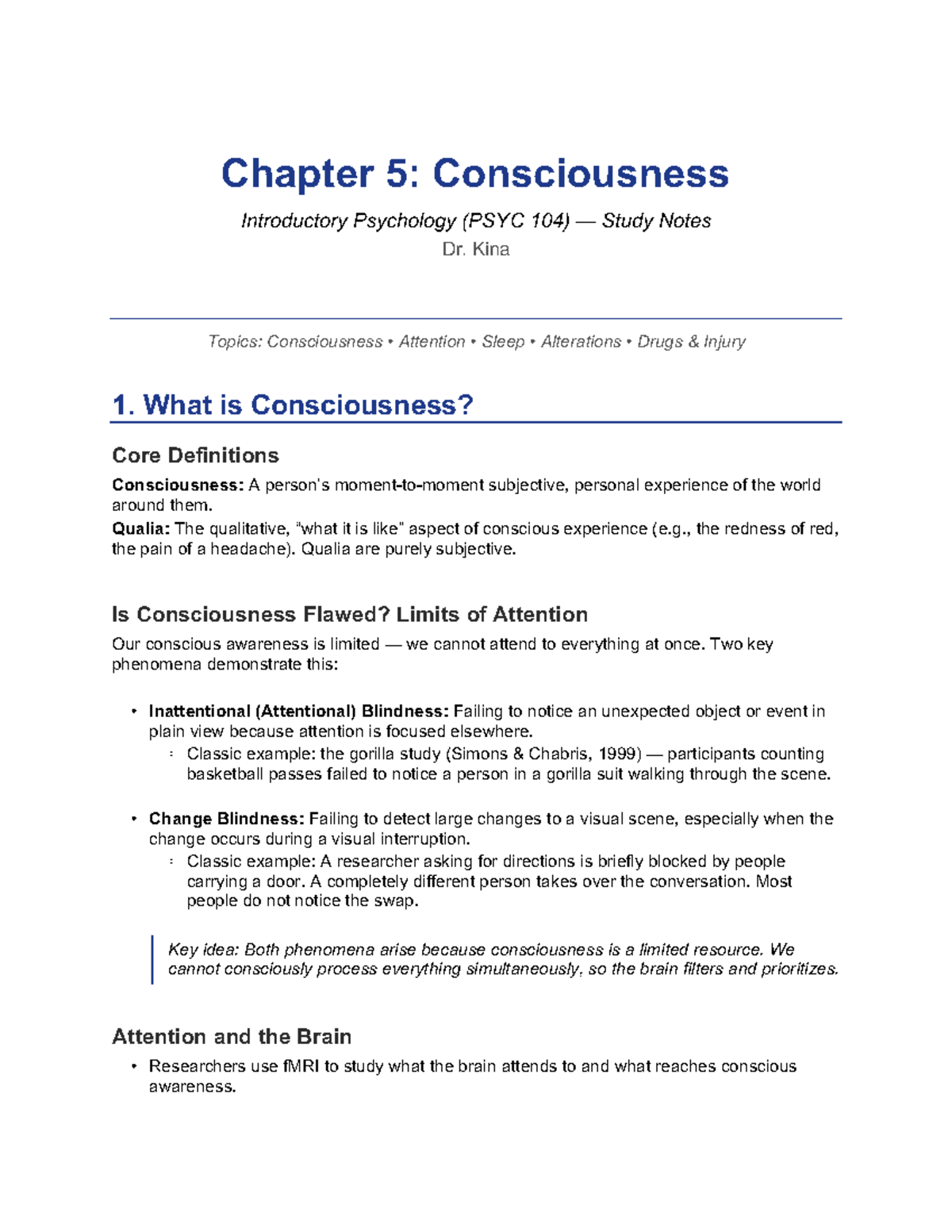 Chapter 5: Consciousness Study Notes for PSYC 104 - Dr. Kina - Studocu