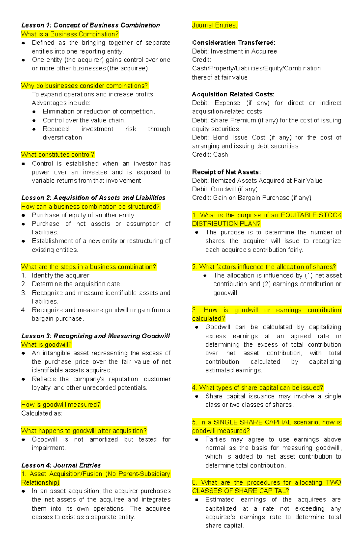 Buscom - Lecture Notes on Business Combinations and Goodwill - Studocu