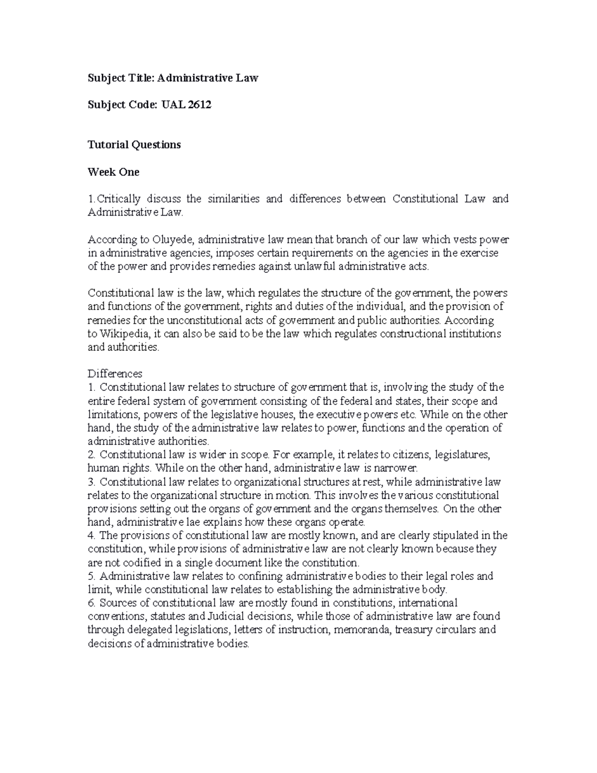 Administrative Law Insights: UAL 2612 Tutorial 1 Analysis - Studocu