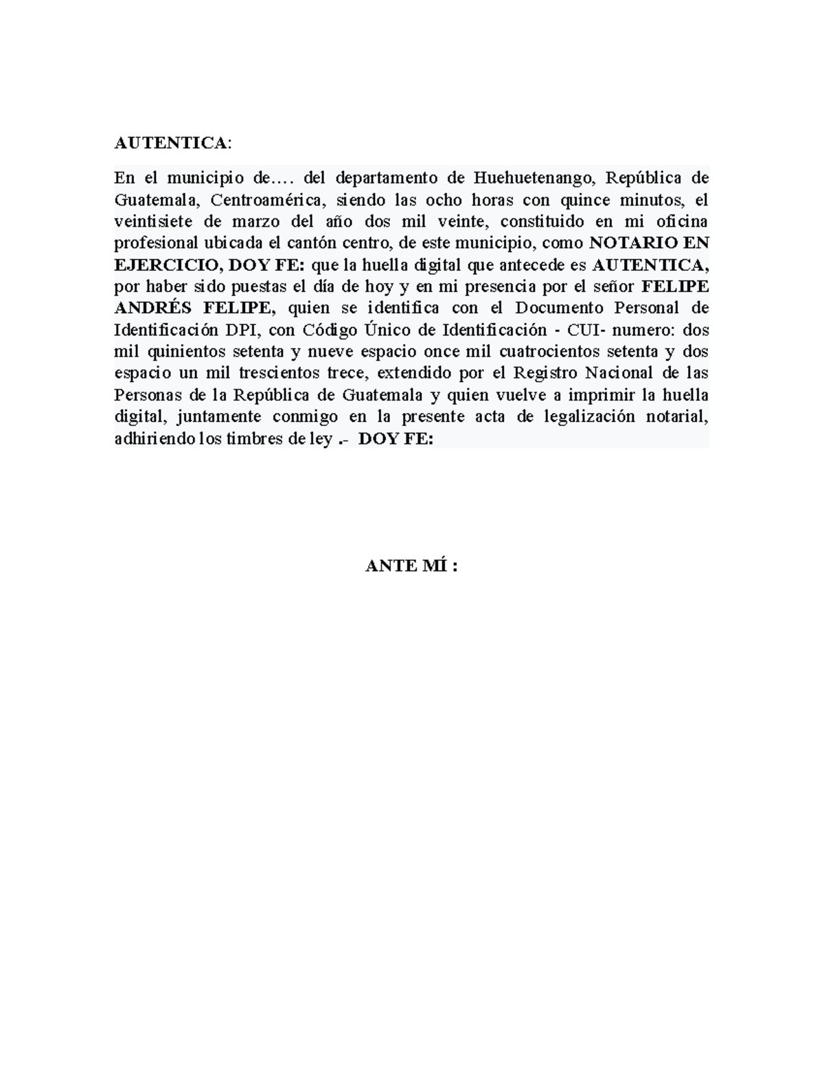Ejemplo de Autenticación Notarial en Guatemala - Studocu