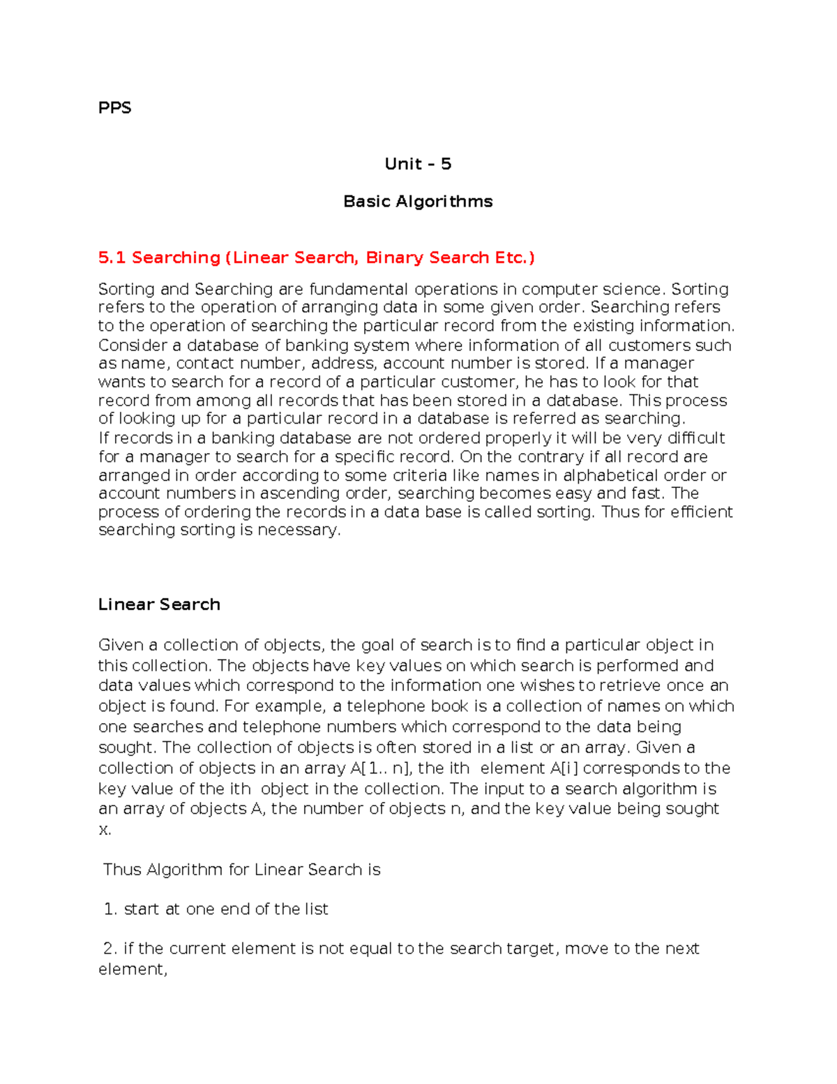 PPS 5 - Basic Algorithms: Searching (Linear & Binary) and Sorting ...
