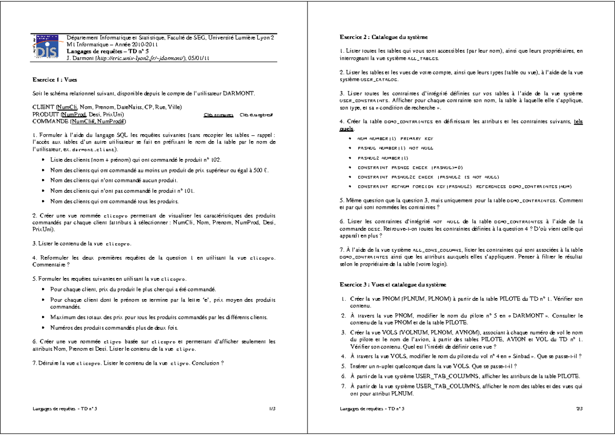SGBD TP5 - SGBD TP5 - Langages de requêtes – TD n° 5 1/ Département ...