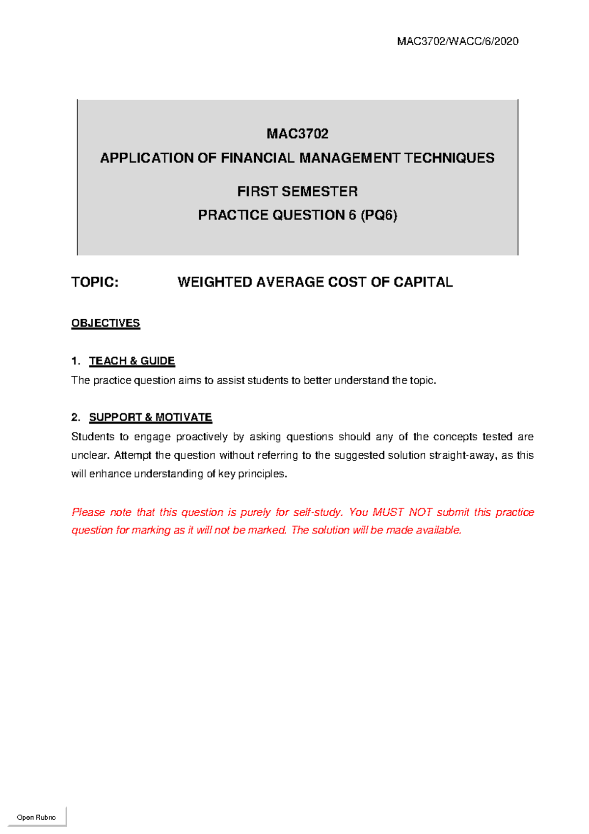 MAC3702 WACC Practice Question 6: Financial Management Techniques - Studocu