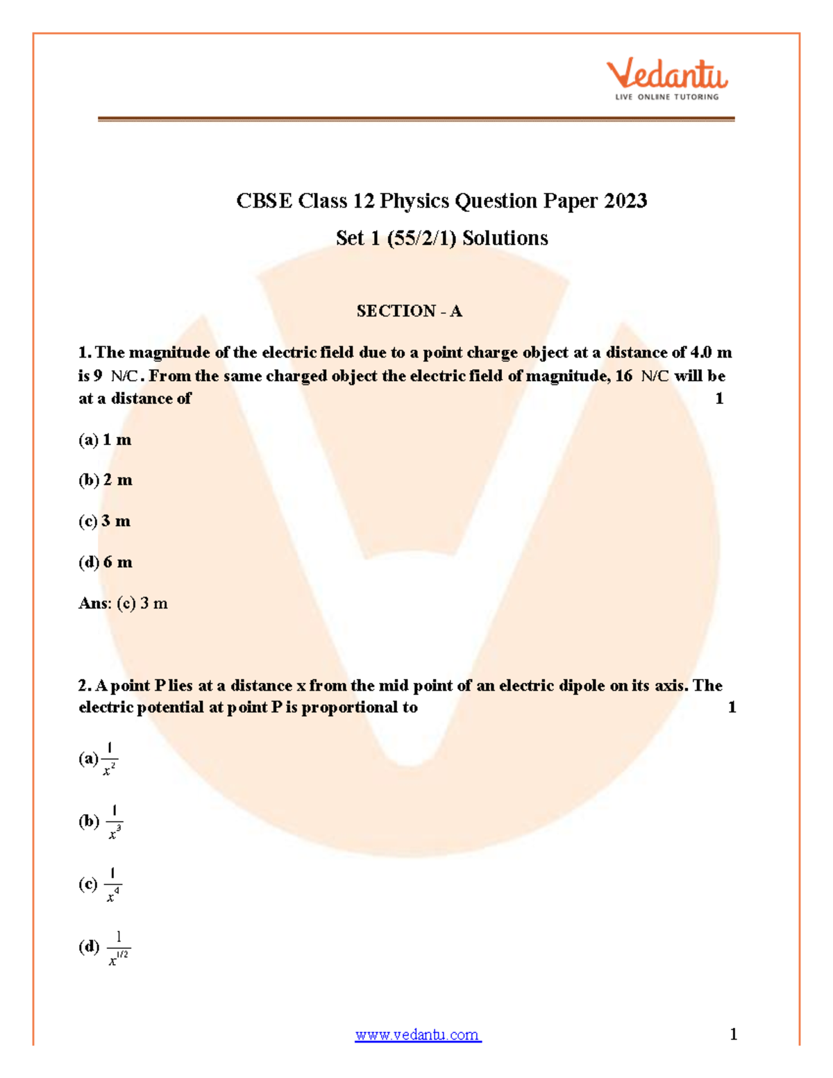 Class 12 Physics 2023 Set-1 (55 2 1) Question Paper with Solutions PDF ...