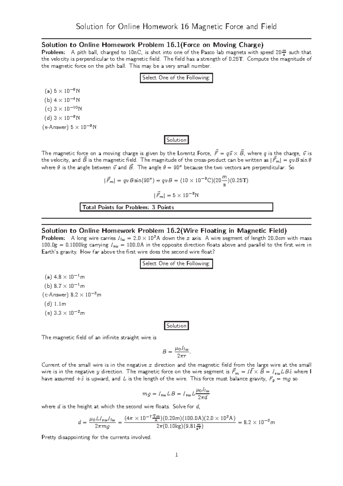 Online Homework 16 Solutions: Magnetic Forces and Fields Explained ...