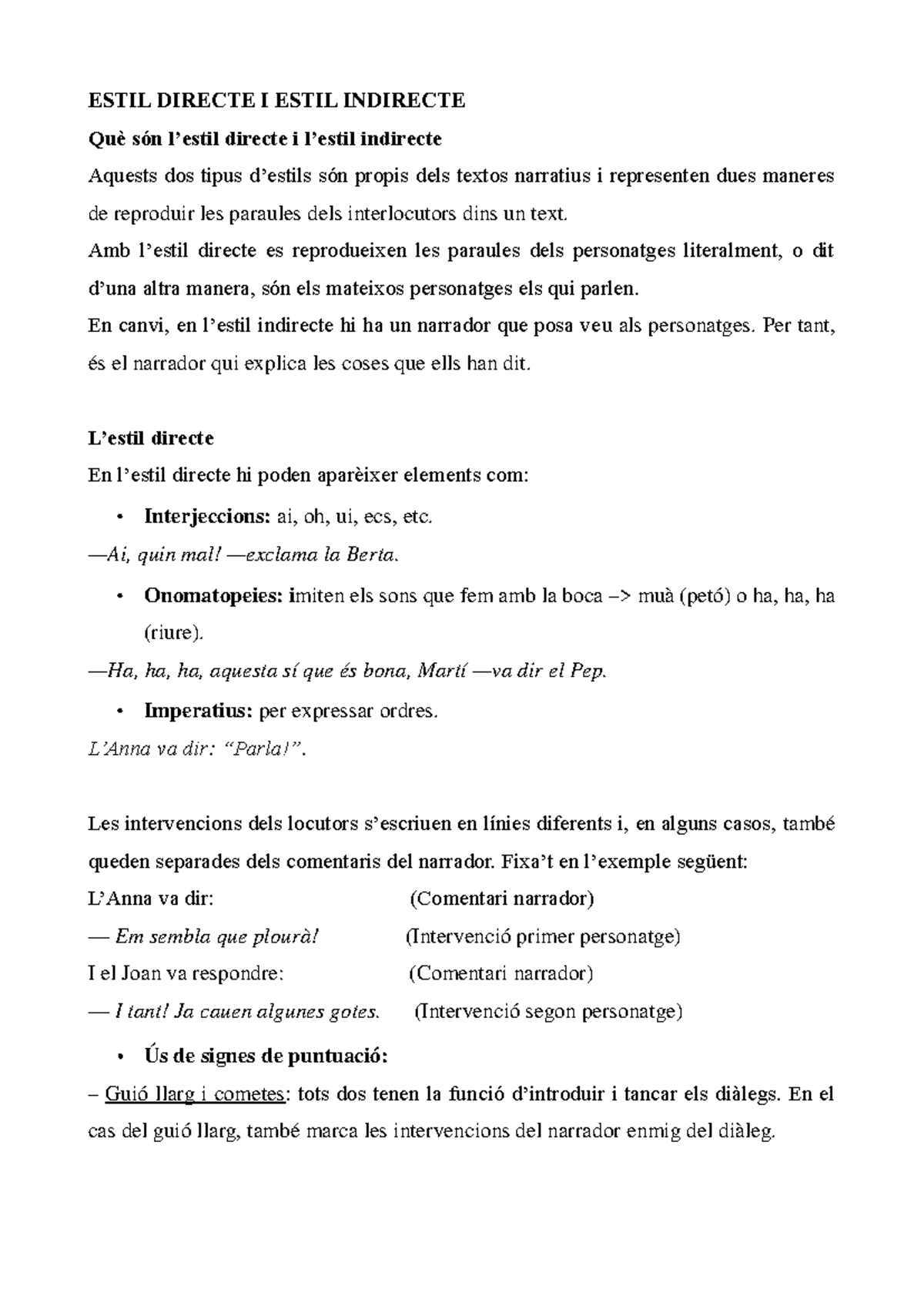 Estil Directe i Indirecte: Característiques i Exercicis - Studocu