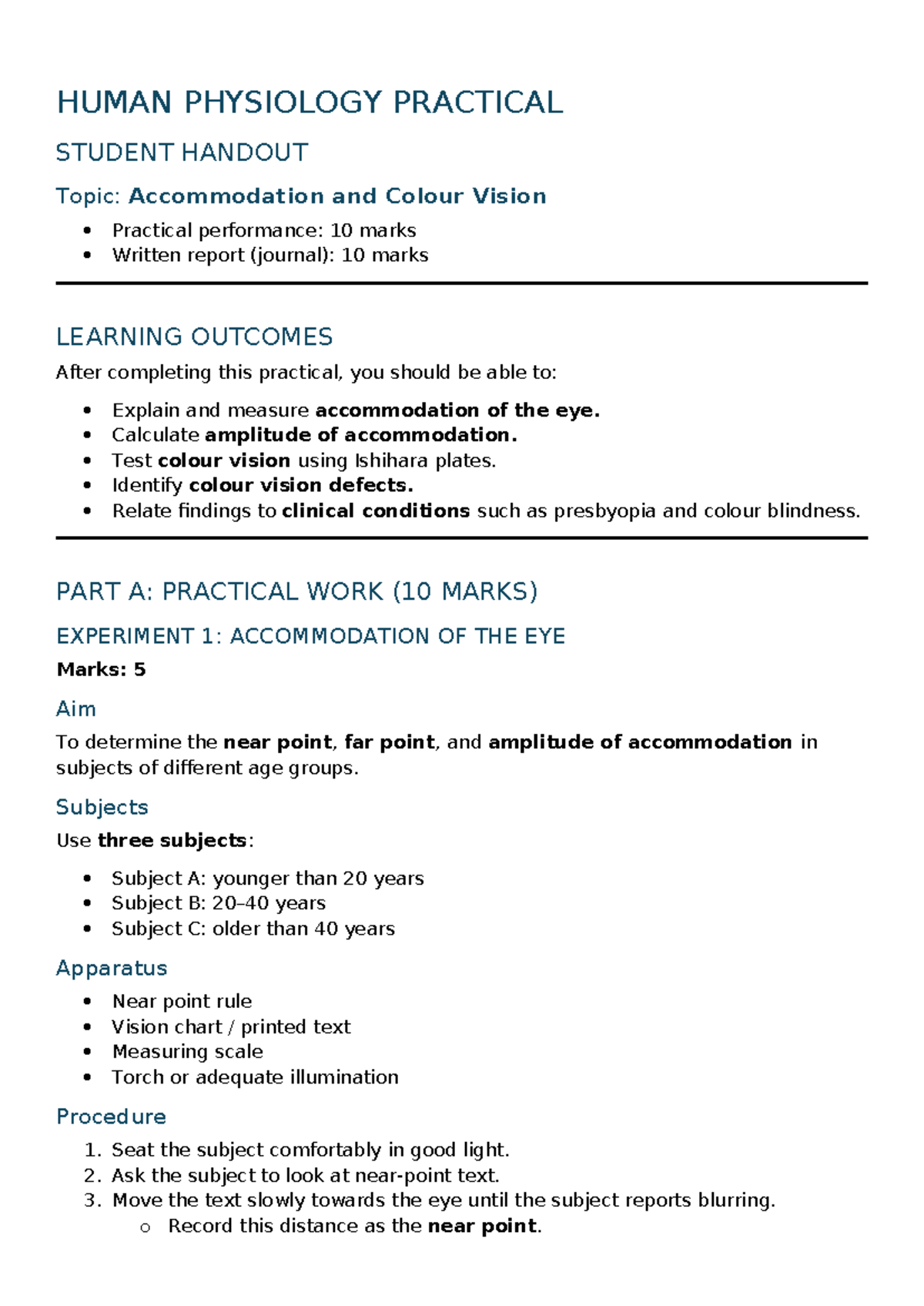 PHBG2616 Practical - Accommodation & Colour Vision Testing 2026 - Studocu