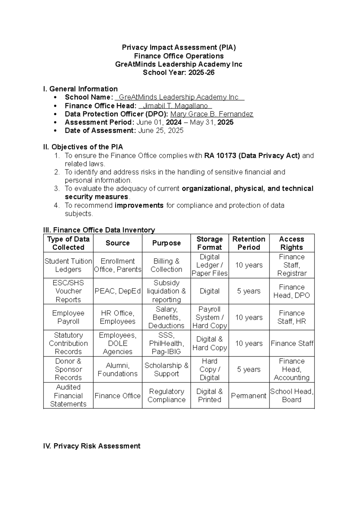 Privacy Impact Assessment (PIA) for Finance Office Operations at ...