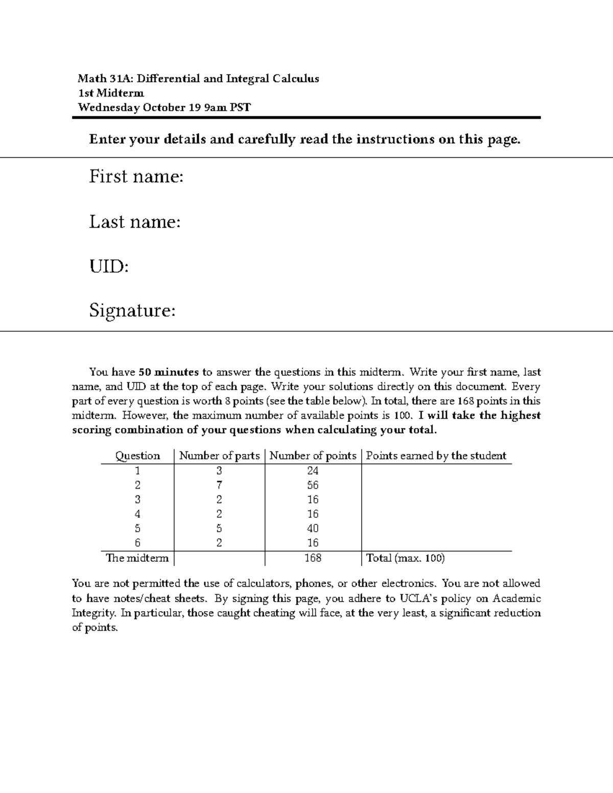 Math31A 2023 Solution to Practice Midterm 1 - Math 31A: Differential ...