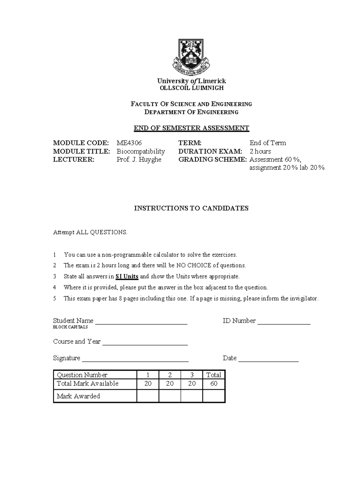 ME4306 Final Exam Example Solutions for Biocompatibility - Studocu