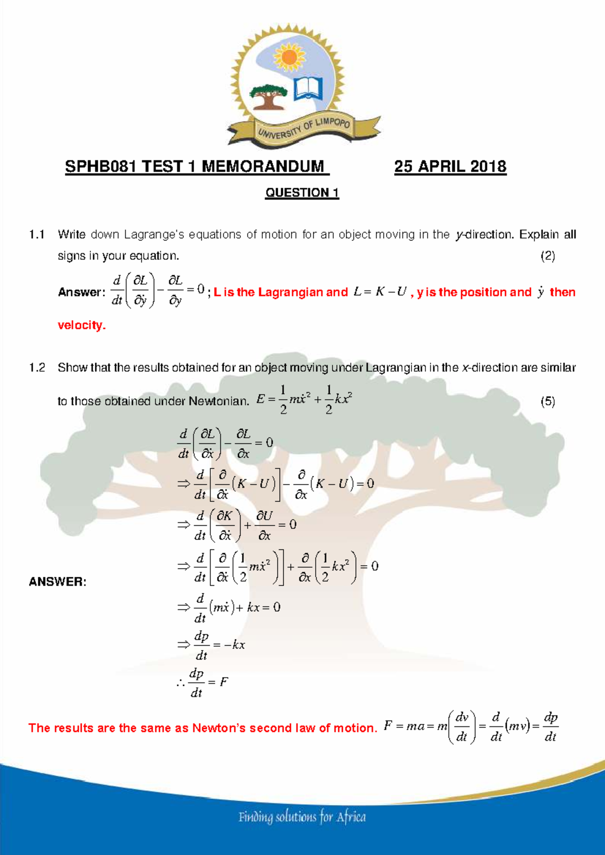 SPHB081 TEST 1 MEMORANDUM ANALYSIS AND SOLUTIONS 2019 - Studocu