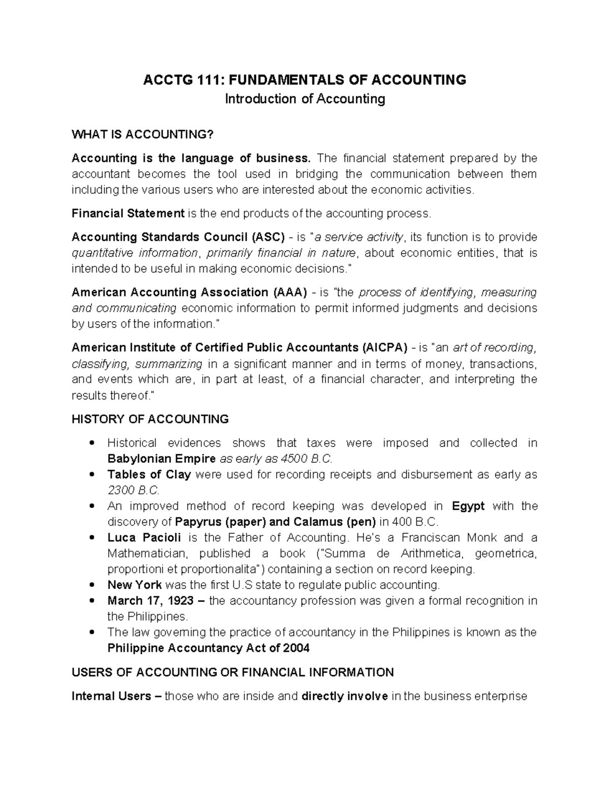 ACCTG 111: Week 2 - Introduction to Accounting Concepts - Studocu