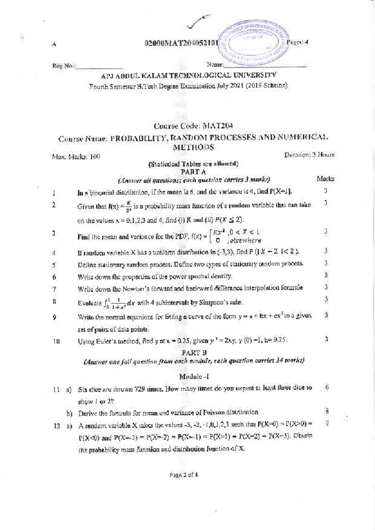 MA204 - Probability, Random Processes & Numerical Methods Exam Notes ...