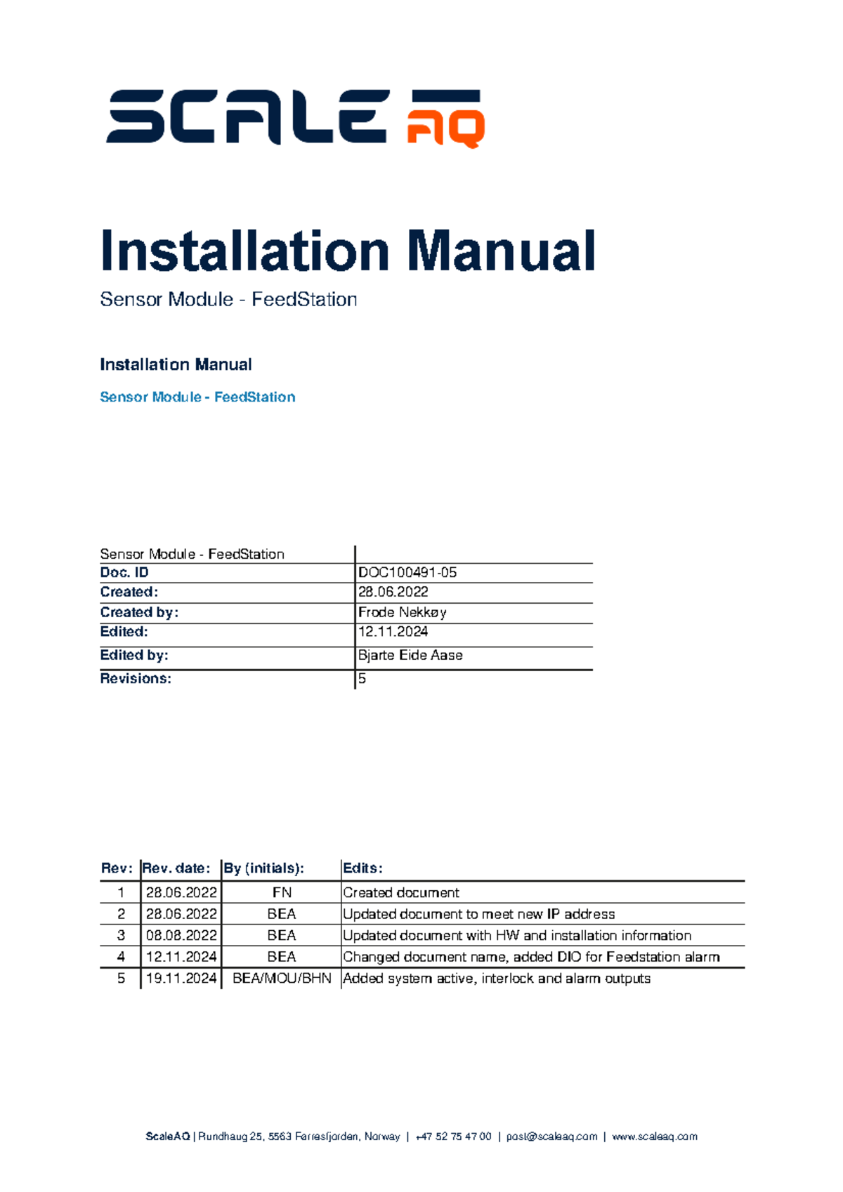Installation Manual for Sensor Module - Feed Station (DOC 100491) - Studocu