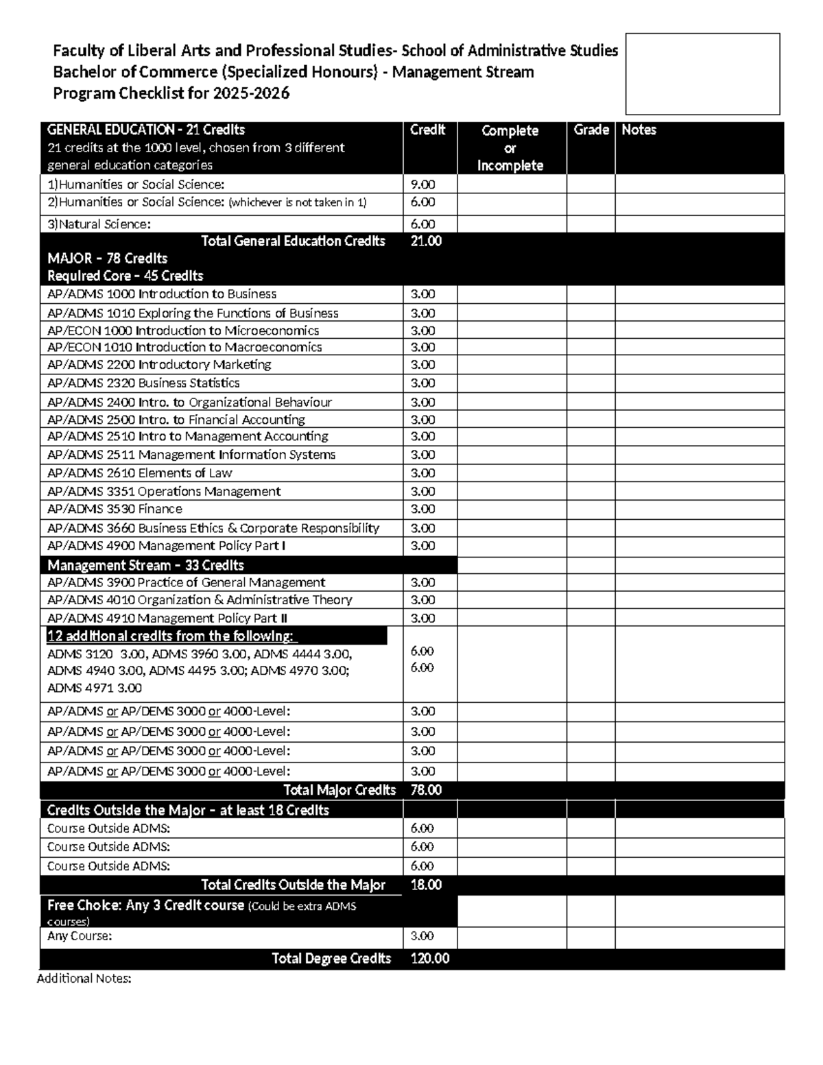 BCOM-Management Program Checklist for General Education & Major ...