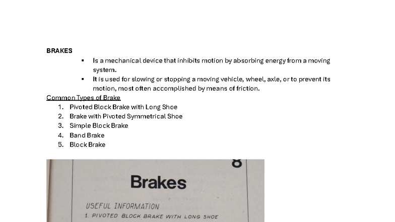 Brakes Notes (MECH 101): Understanding Mechanical Braking Systems - Studocu
