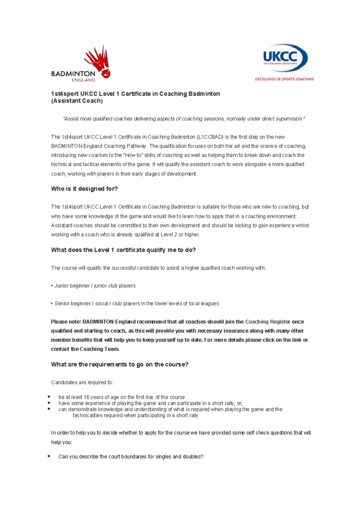 1st4sport UKCC Level 1 Certificate in Coaching Badminton (L1CCBAD ...