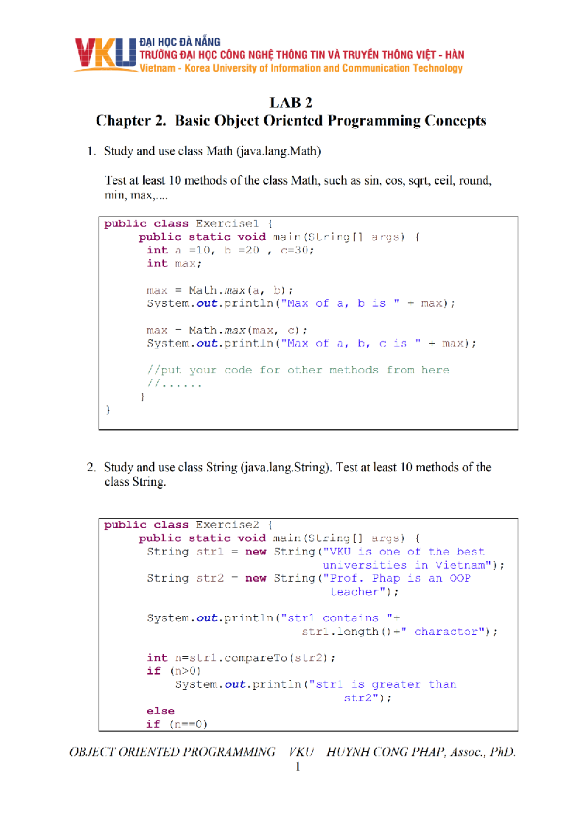 VKU DAI HQC Lab 2: Basic OOP Concepts and Java Classes - Studocu