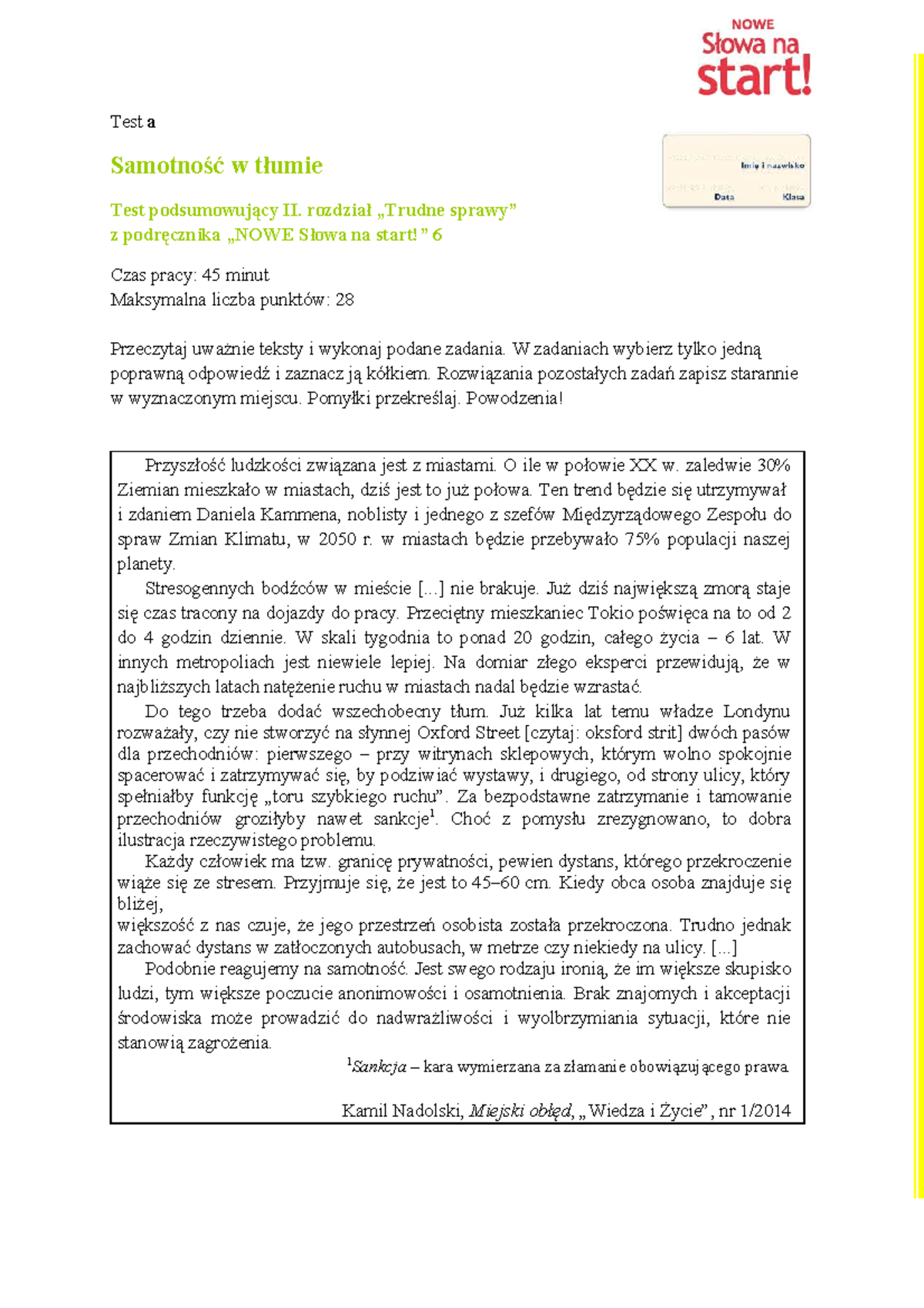 Test podsumowujący II. rozdział: Samotność w tłumie - Studocu