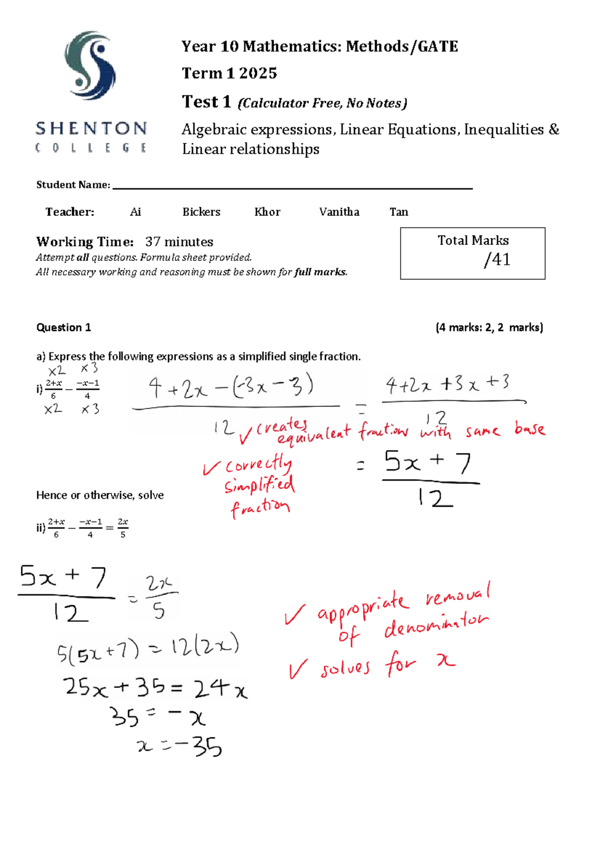 Year 10 Mathematics 10META Term 1 Test 1 - Algebra & Equations - Studocu