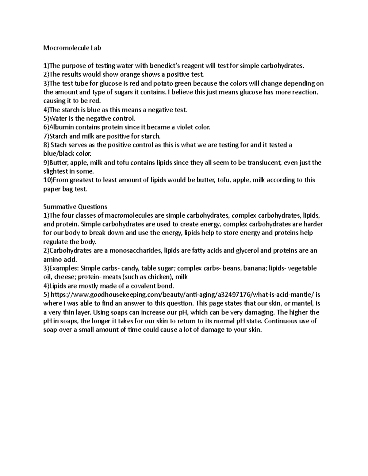 Bio Macromolecule Lab - Answer Key Insights & Summative Questions - Studocu