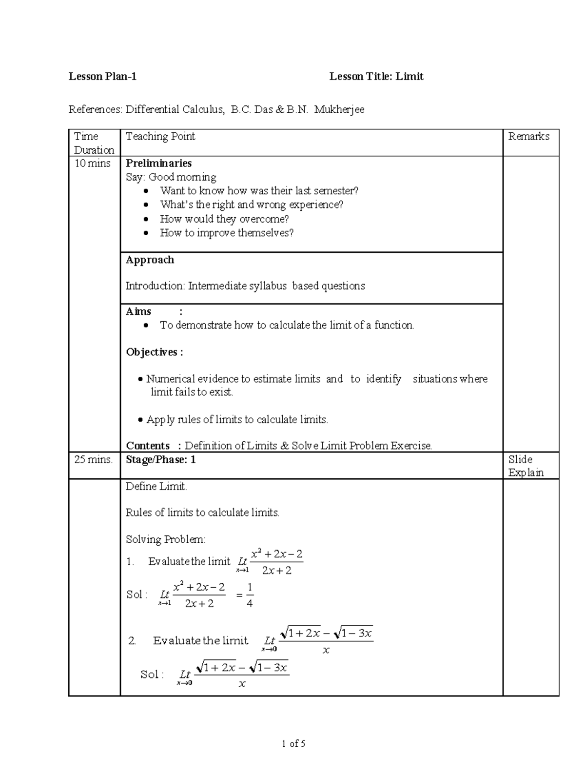 Differential Calculus Lesson Plan: Calculating Limits and Continuity ...