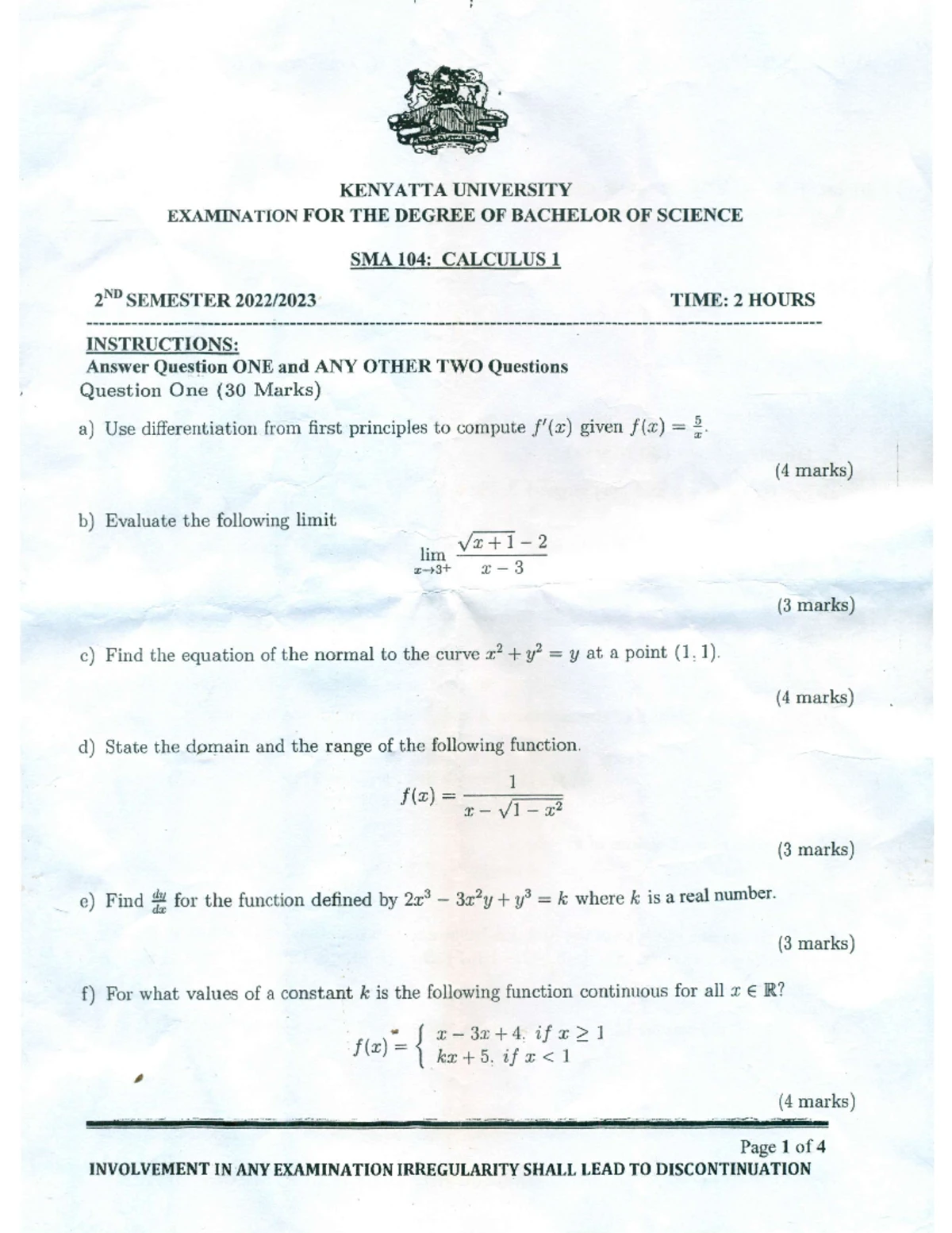 SMA104 Calculus 1 - 2023 Past Exam Paper Analysis & Solutions - Studocu