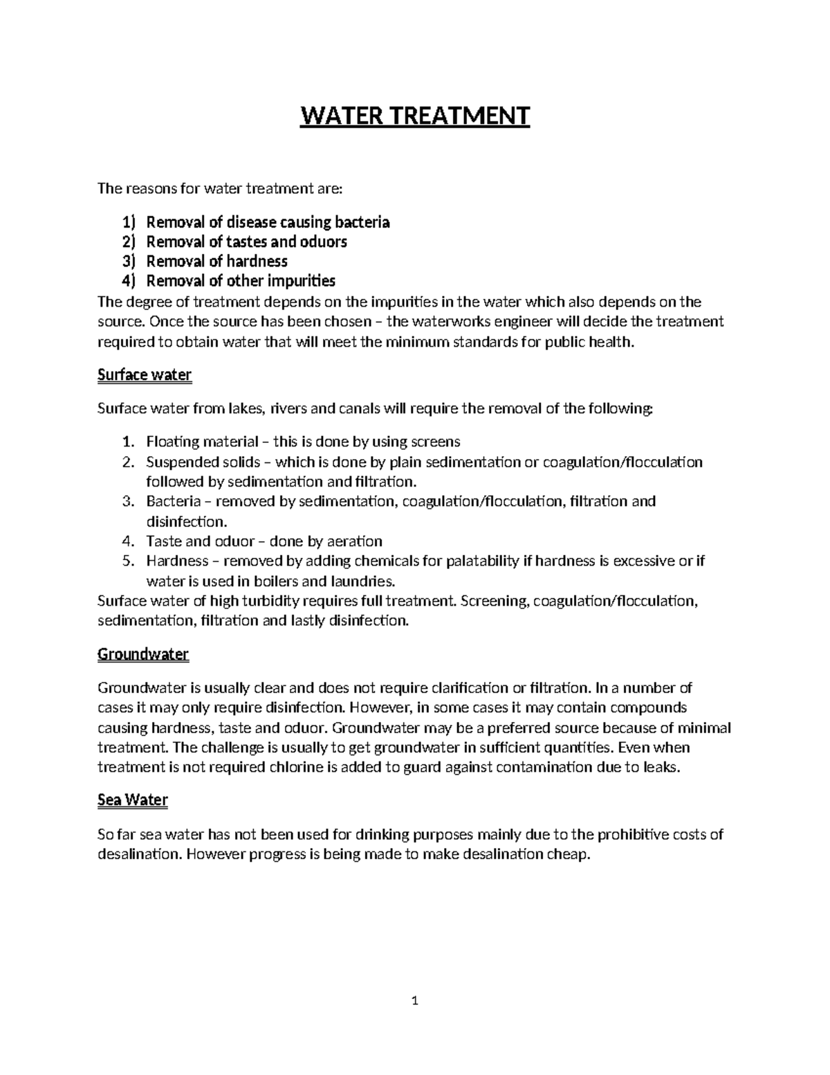 WATER TREATMENT (Course Code: Short HAND) Recap Notes on Processes and ...