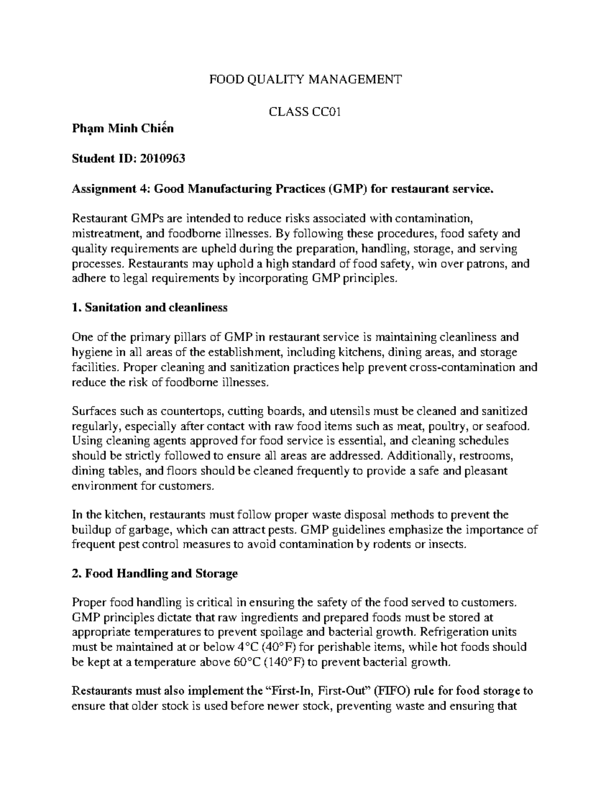 Group 15 - CC Assignment 4: GMP for Restaurant Service - Studocu