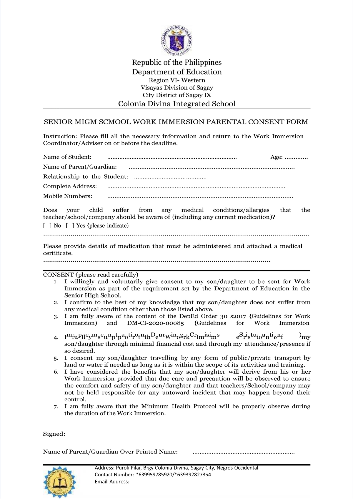 SENIOR HIGH SCHOOL Work Immersion Parent Consent Form - Studocu