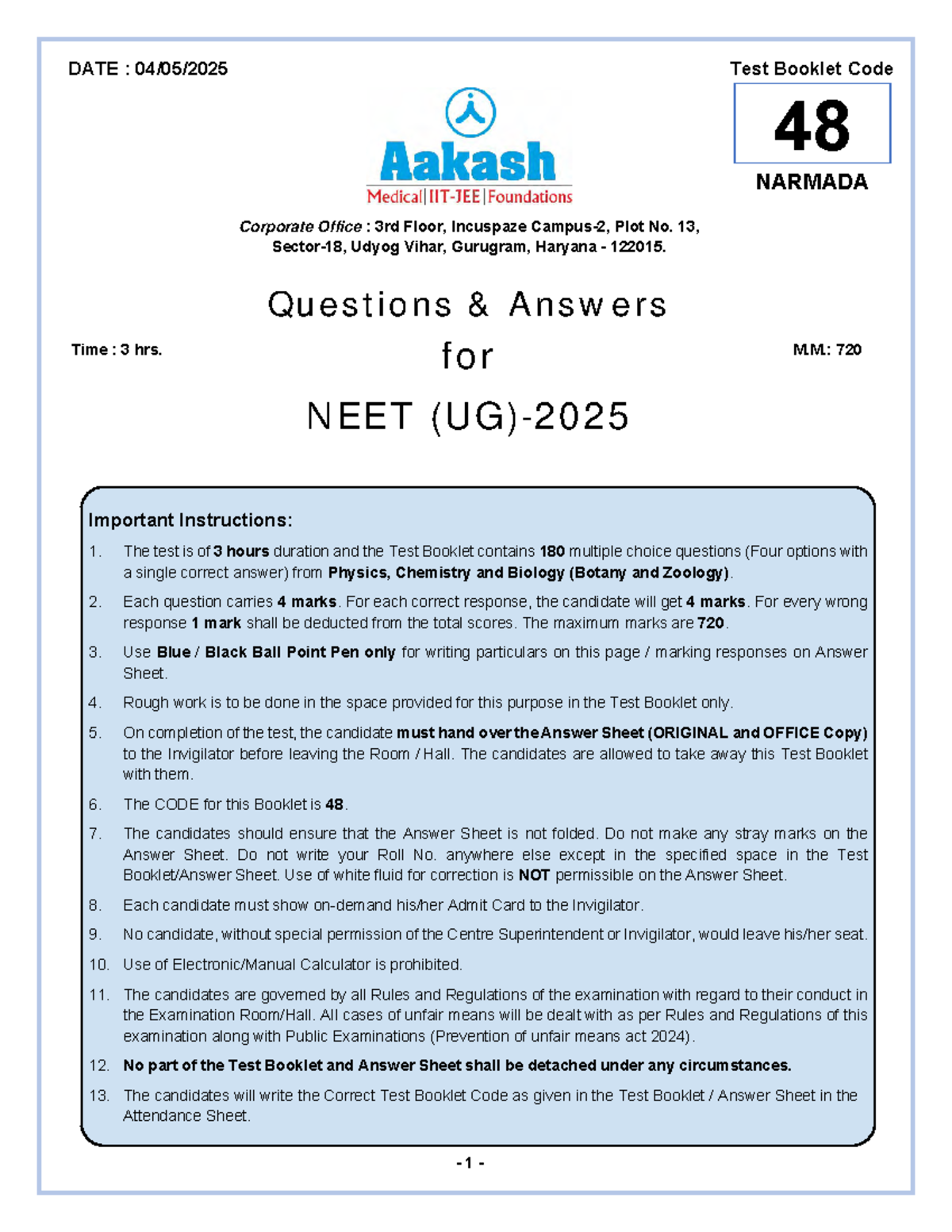 NEET 2024 Test Booklet Code 48: Important Instructions & Questions ...