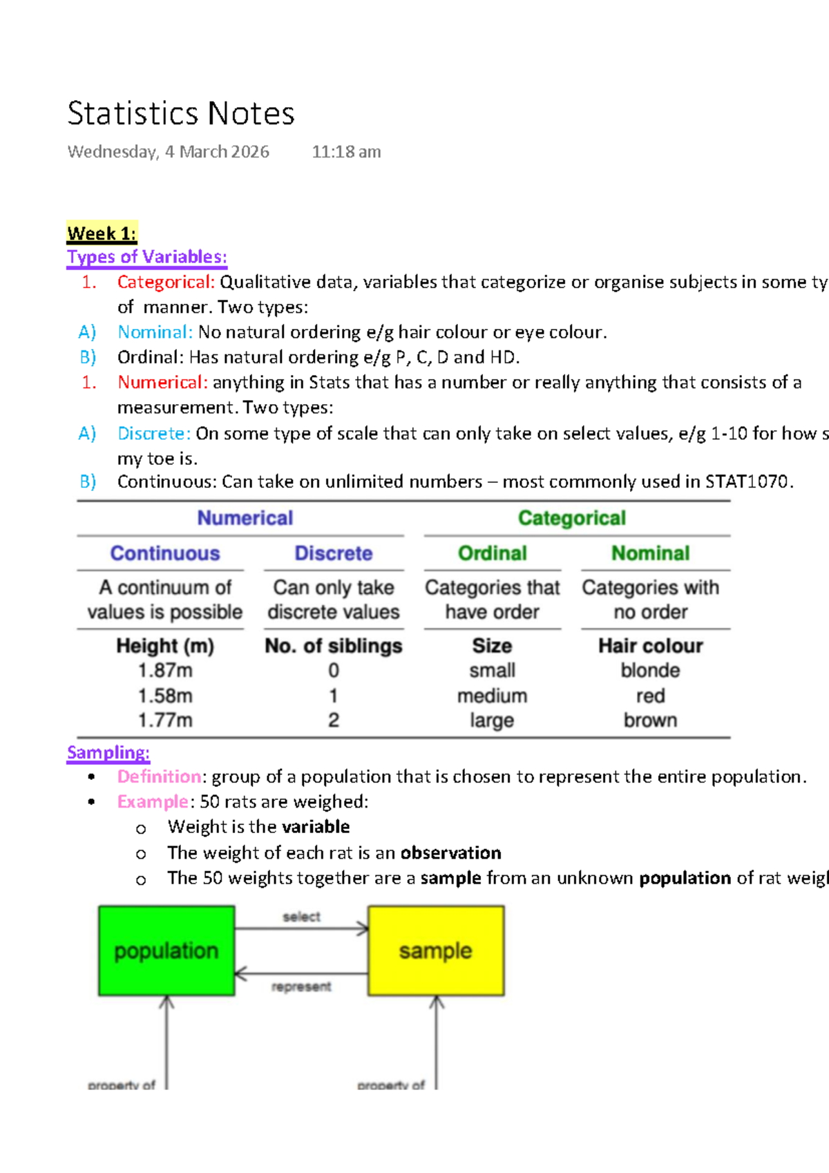 Statistics Notes: Week 1 & 2 Overview for STAT1070 - Studocu