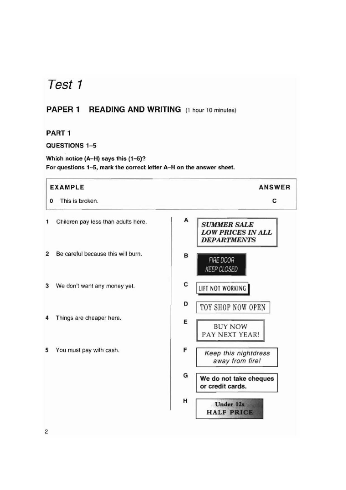 KET - CUP 2 Test 1 Reading and Writing Practice Questions - Studocu