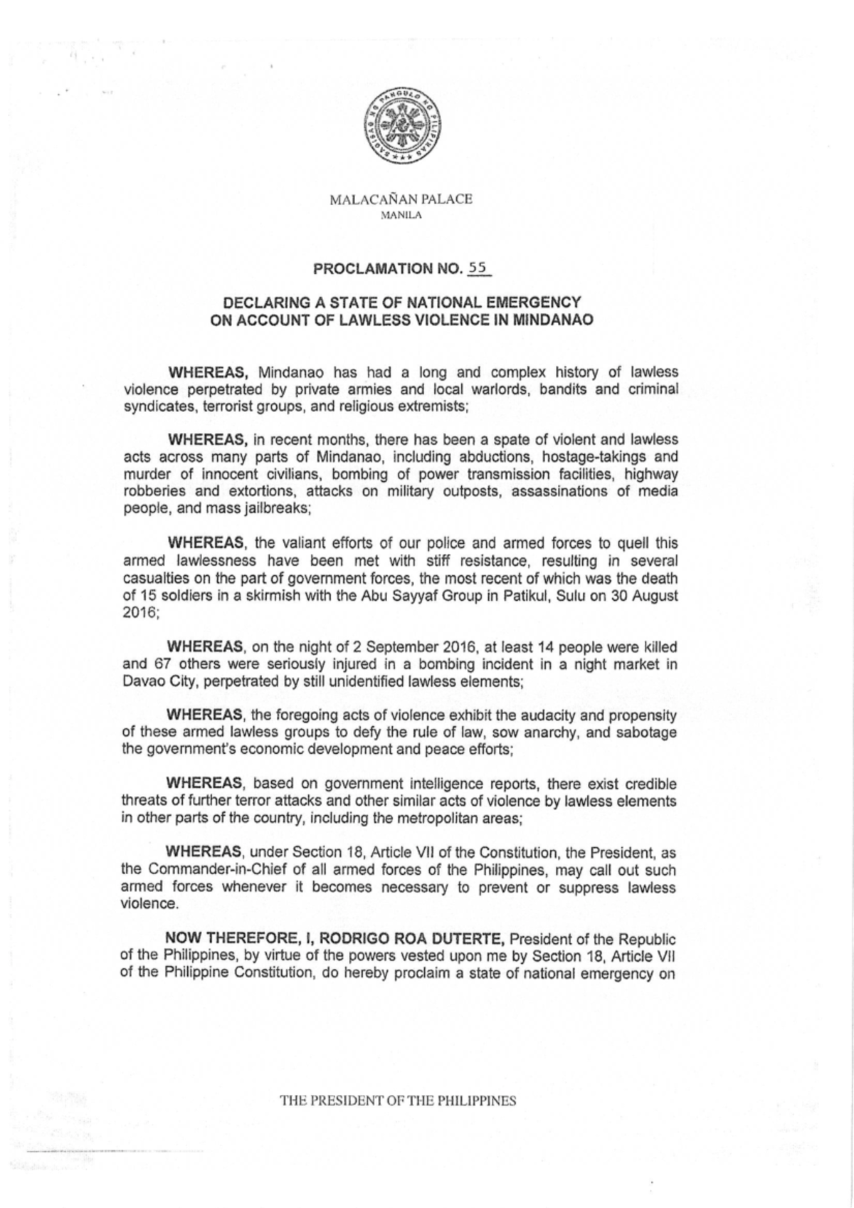 Proclamation No. 55: State of National Emergency in Mindanao - Studocu