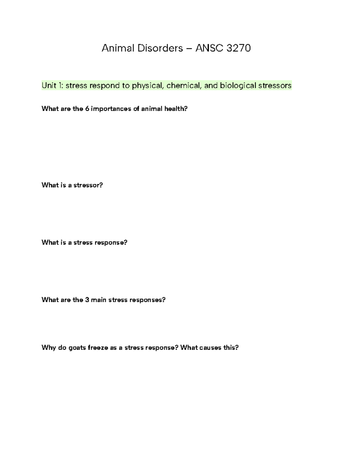 Animal Disorders ANSC 3270 Midterm 1: Stress Responses and Health ...