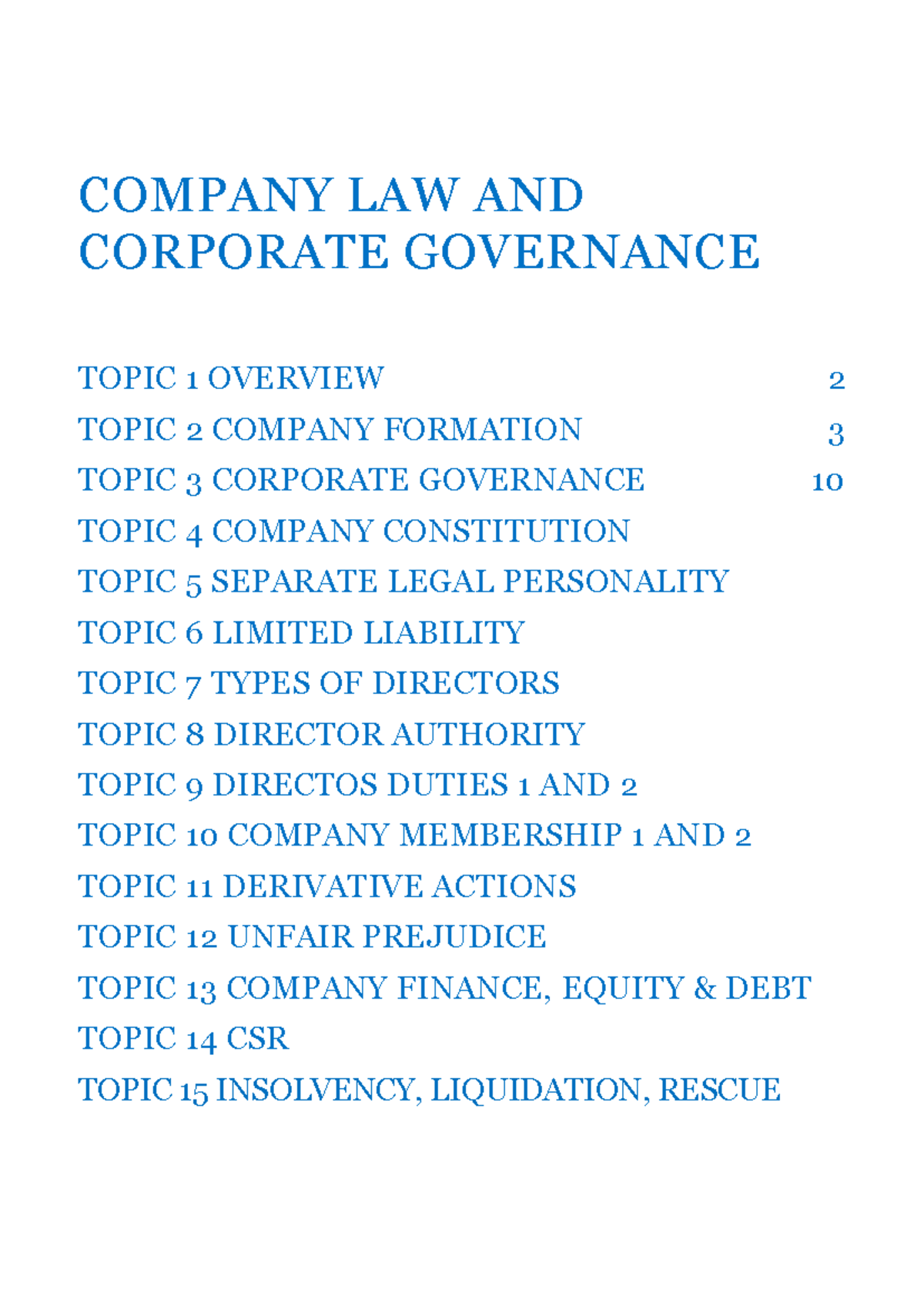 Final exam notes - Summary Company Law - COMPANY LAW AND CORPORATE ...