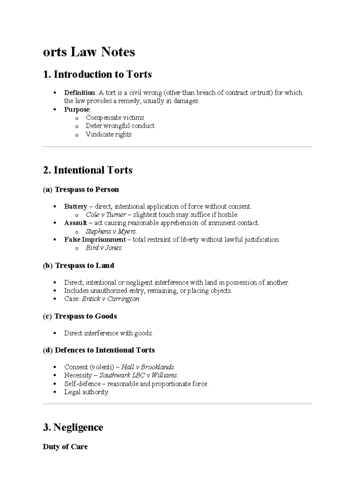 Torts Law Notes: Key Concepts and Case Summaries - Studocu